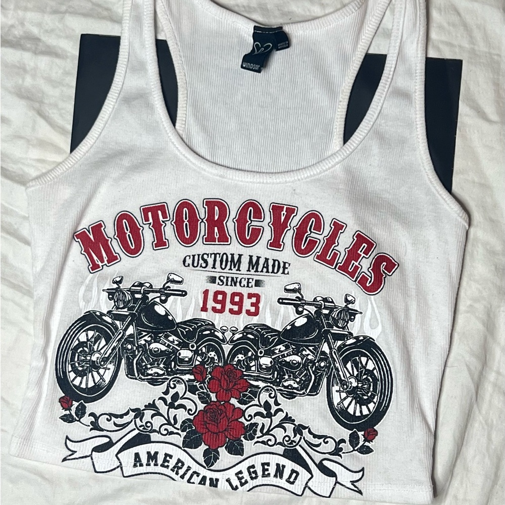 White Motorcycle Graphic Tank Top